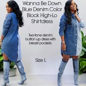 Switched Sides Denim Color Block High-Lo Shirtdress